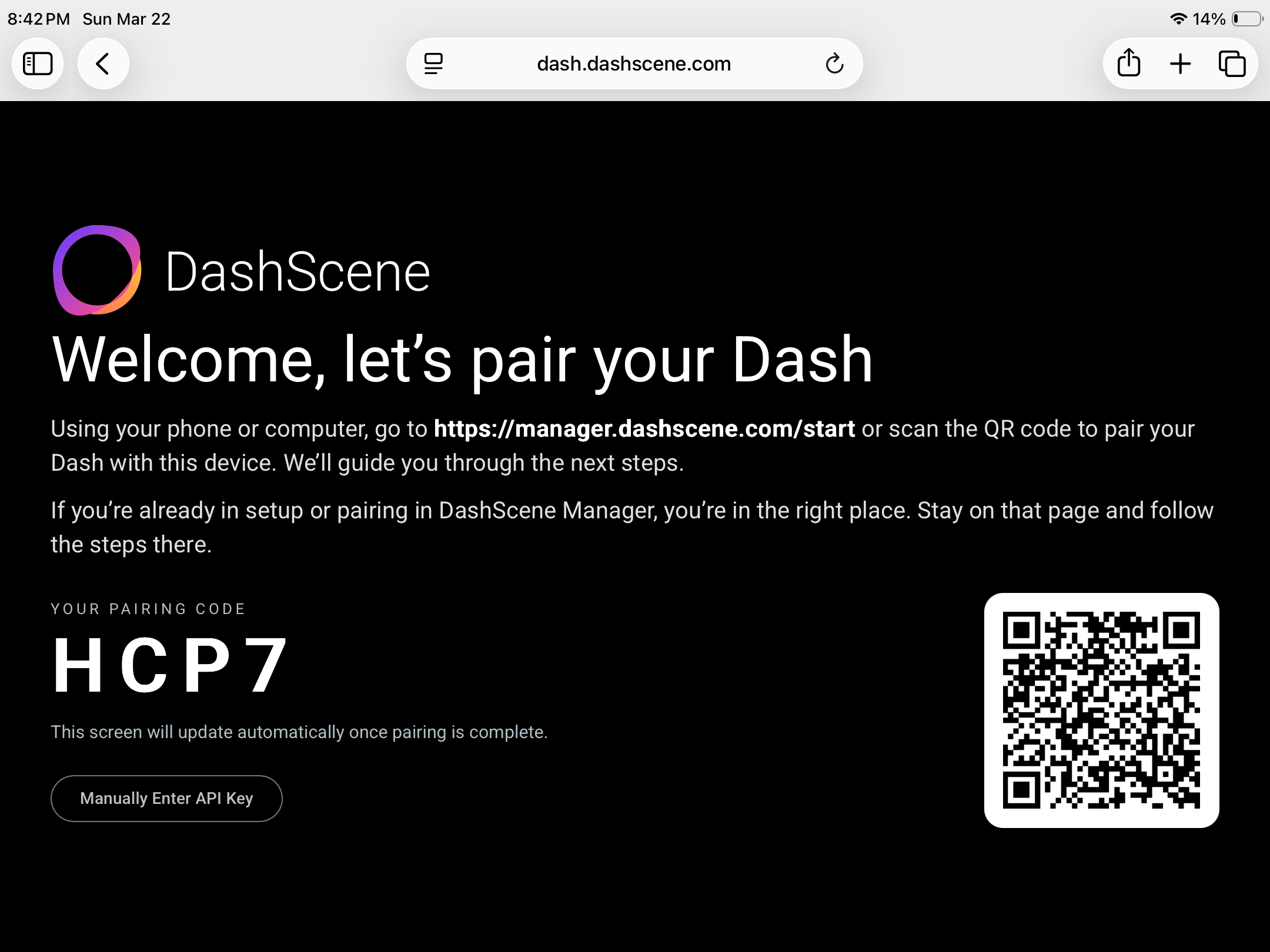 The DashScene pairing screen with the pairing code and a QR code running on Safari or iOS.