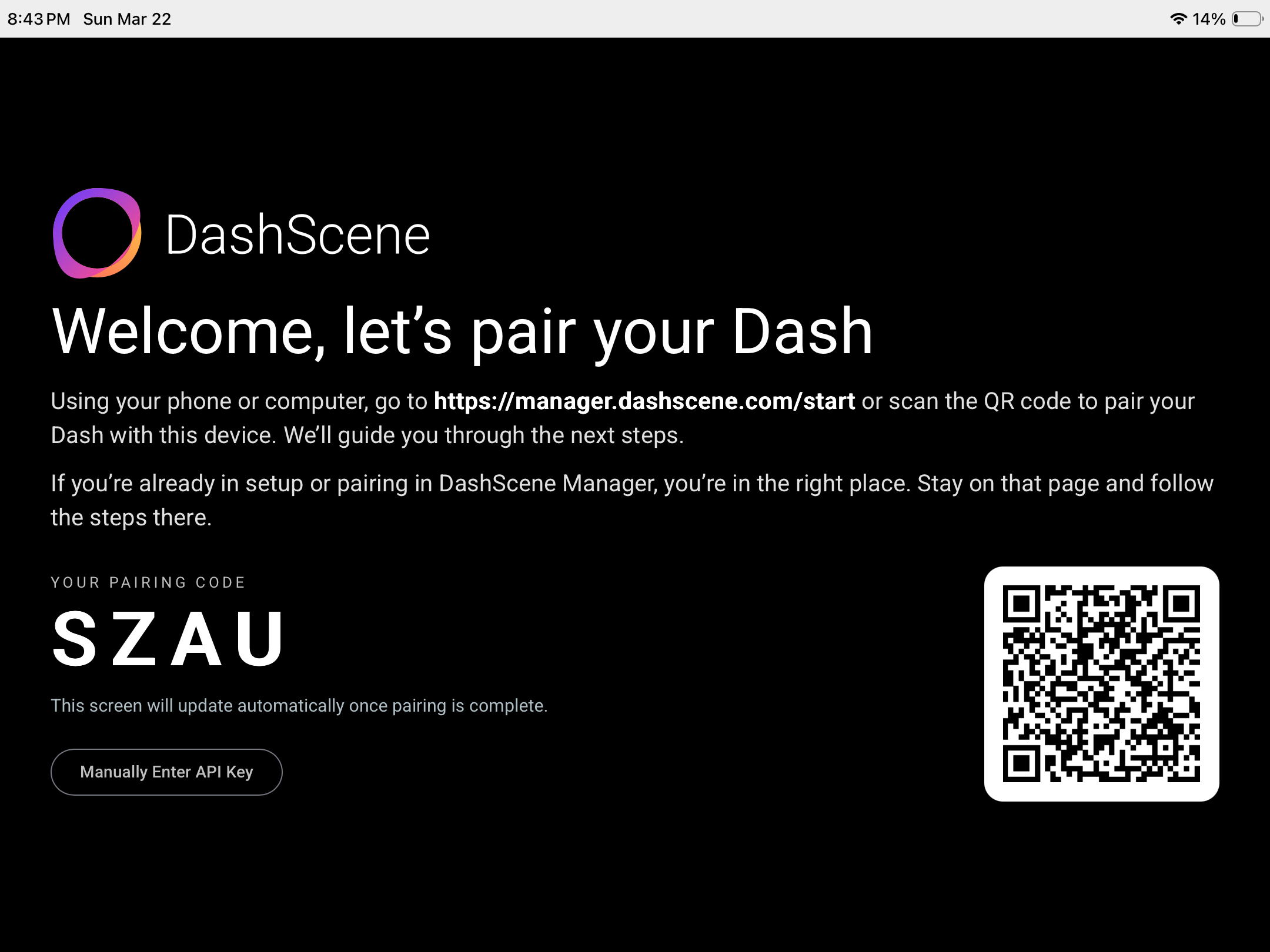 The DashScene pairing screen running in full screen on an iPad.