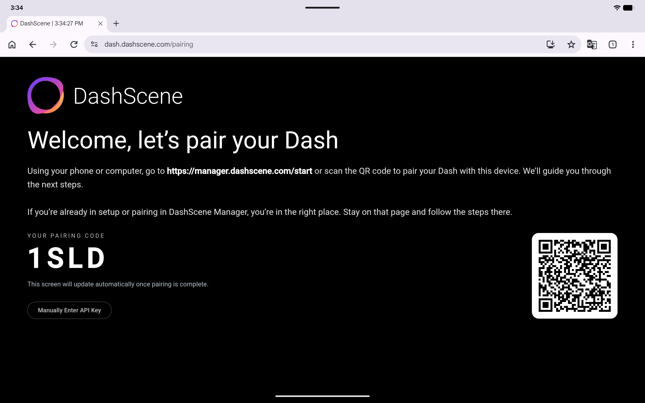 The DashScene pairing screen with the pairing code and a QR code running on an Android device.