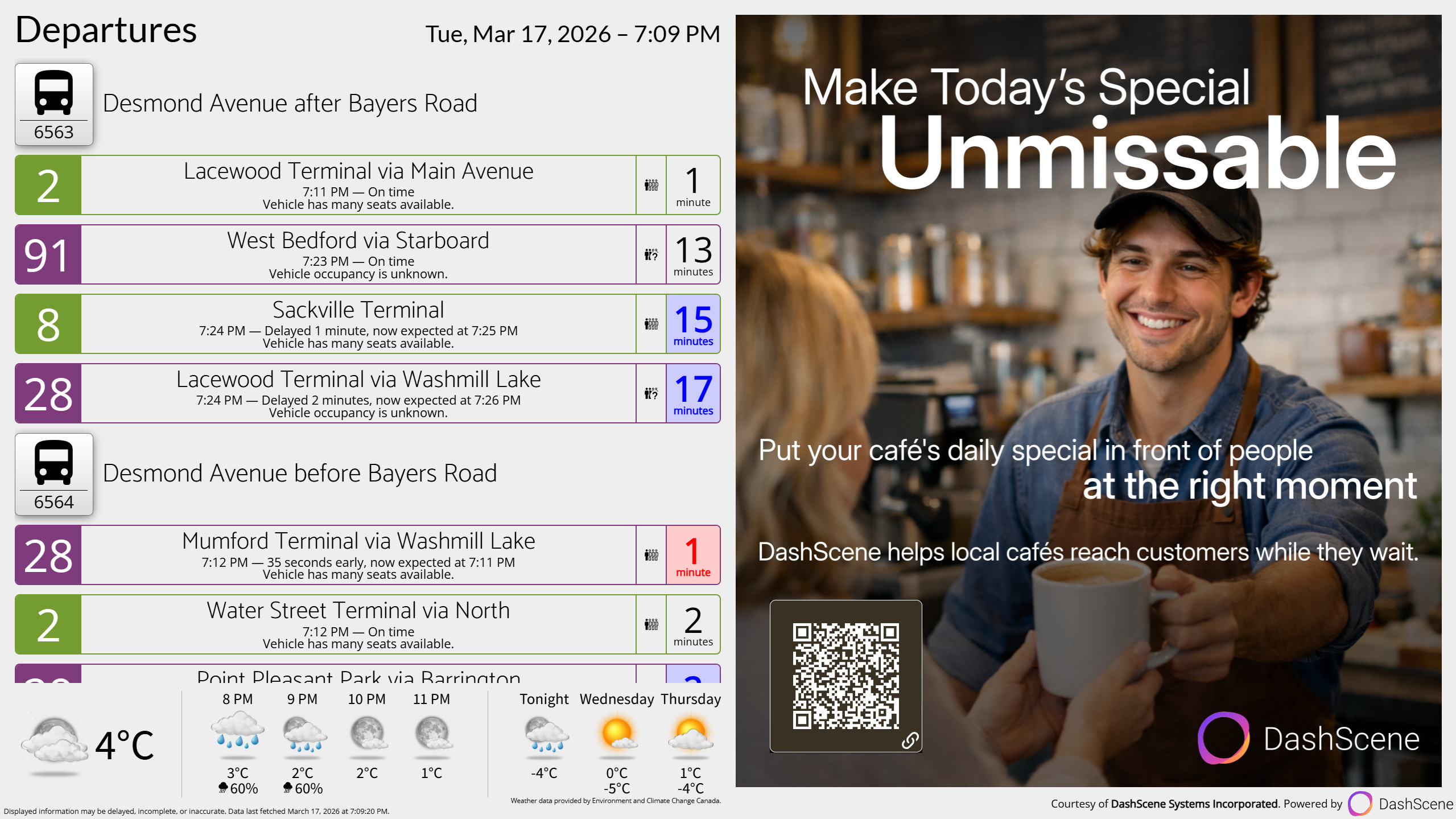 A DashScene display showing weather, and transit departures, with a cafe themed DashScene advertisement of a clerk handing a cup of coffee to a customer.