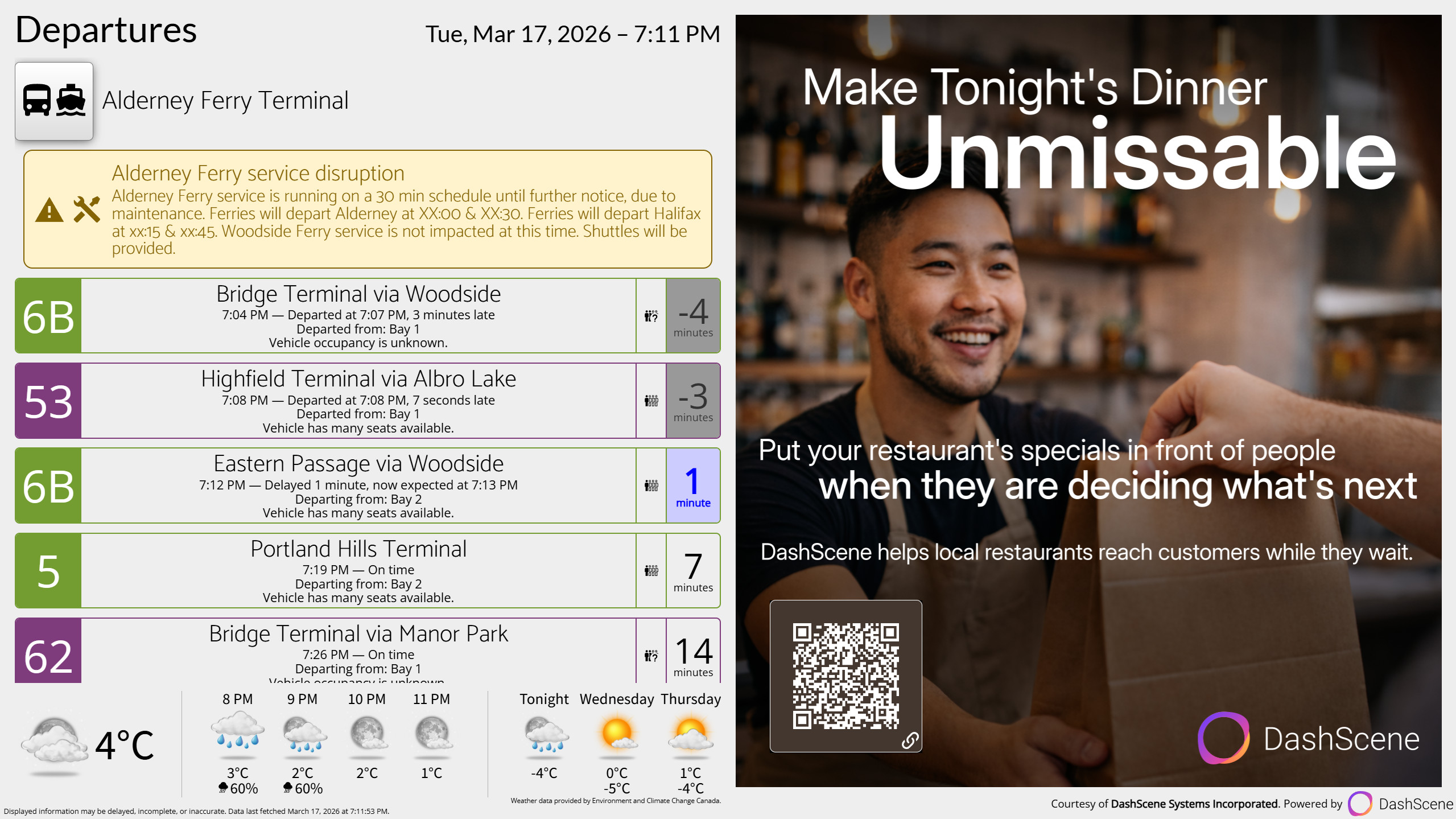 A DashScene display showing weather, and transit departures, with a restaurant takeout themed DashScene advertisement of a clerk handing a takeout order to a customer.