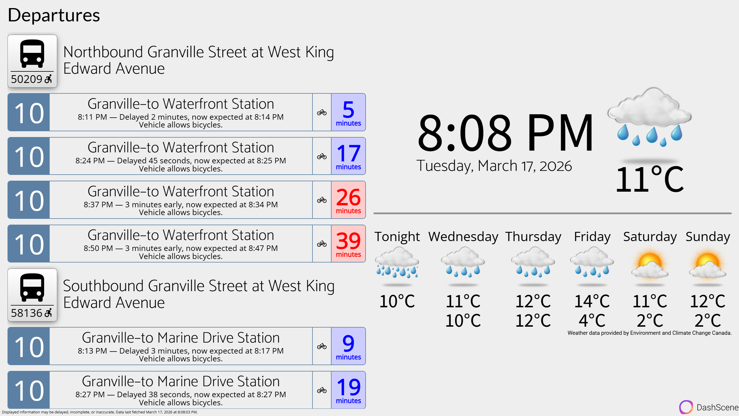 A DashScene display showing the personal layout, consisting only of transit departures and weather information.