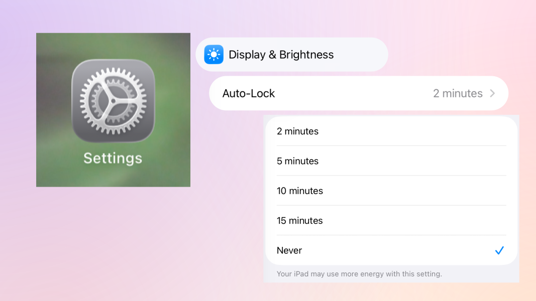 The iPadOS Settings icon, next to the Display & Brightness button, next to the Auto-Lock configuration option, next to the list of Auto-Lock options. "Never" is selected.