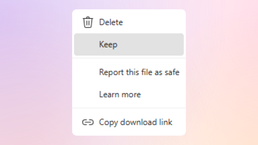 The Microsoft Edge (Chromium) download menu context menu with the 'Keep' option selected.