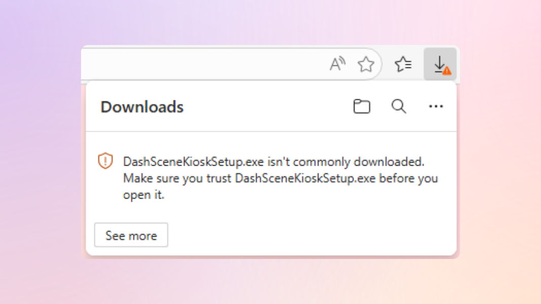 The Microsoft Edge (Chromium) download menu showing an warning message about the DashScene Kiosk download.