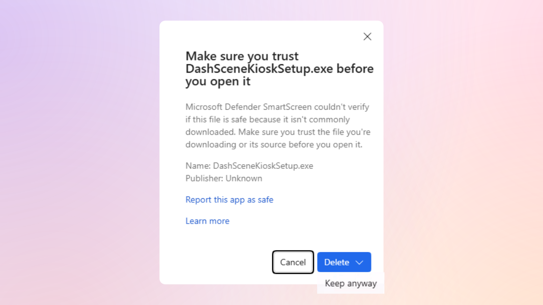 A warning message asking the user if they are sure they want to download DashScene Kiosk.