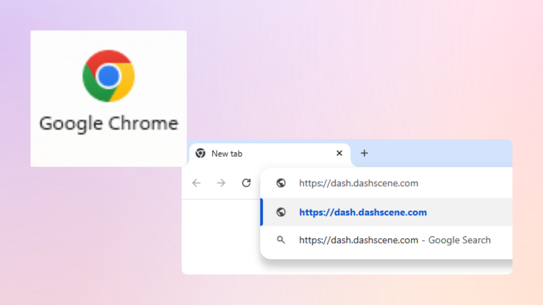 The Google Chrome desktop program icon and the Google Chrome address bar with 'https://dash.dashscene.com' as the entered URL.