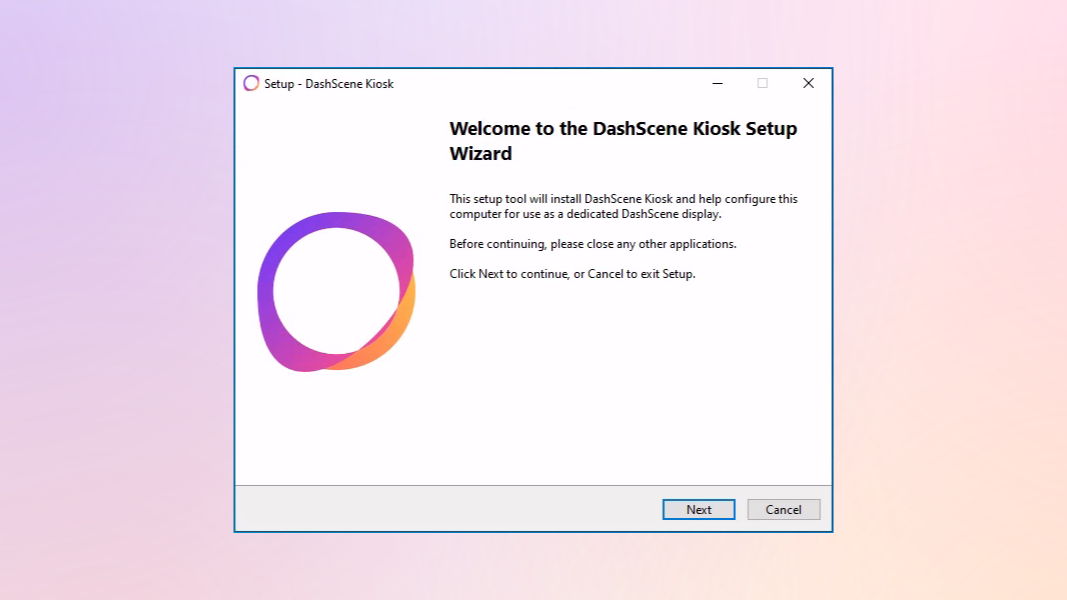 A picture of the first step of the DashScene Kiosk installer on Windows, welcoming the user to the installation wizard.