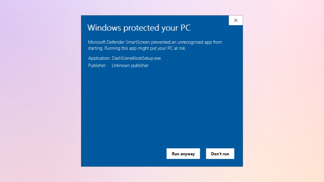 A Windows 10 dialogue with the heading "Windows protected your PC" with the button "Run anyways" present.