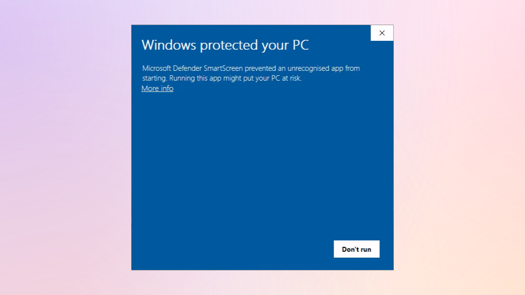 A Windows 10 dialogue with the heading "Windows protected your PC".