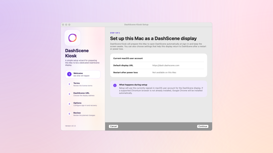 A picture of the first step of the DashScene Kiosk installer on macOS.