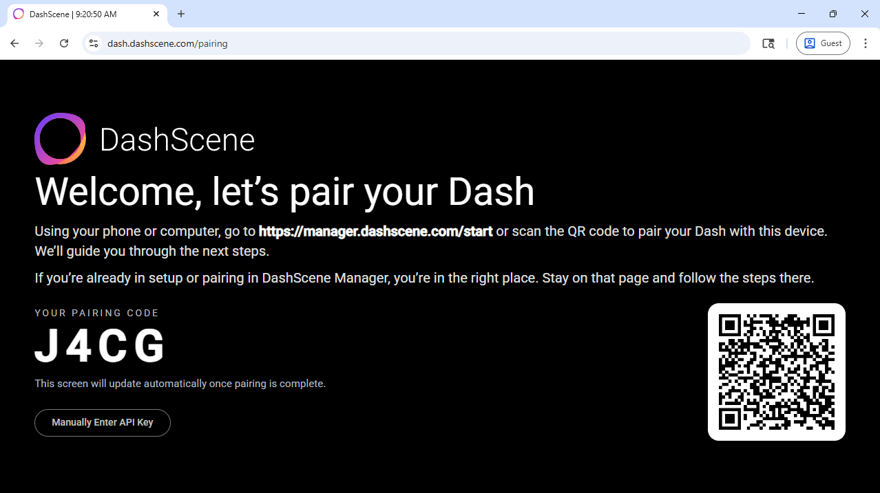 The DashScene pairing screen running on the Google Chrome desktop browser.