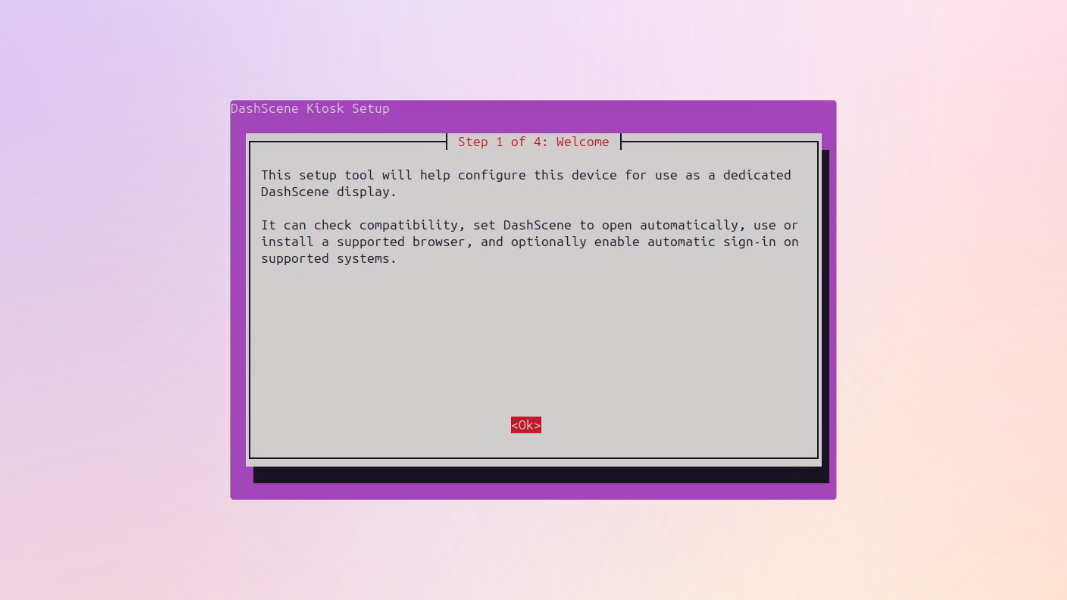 A picture of the first step of the DashScene Kiosk installer on Ubuntu.