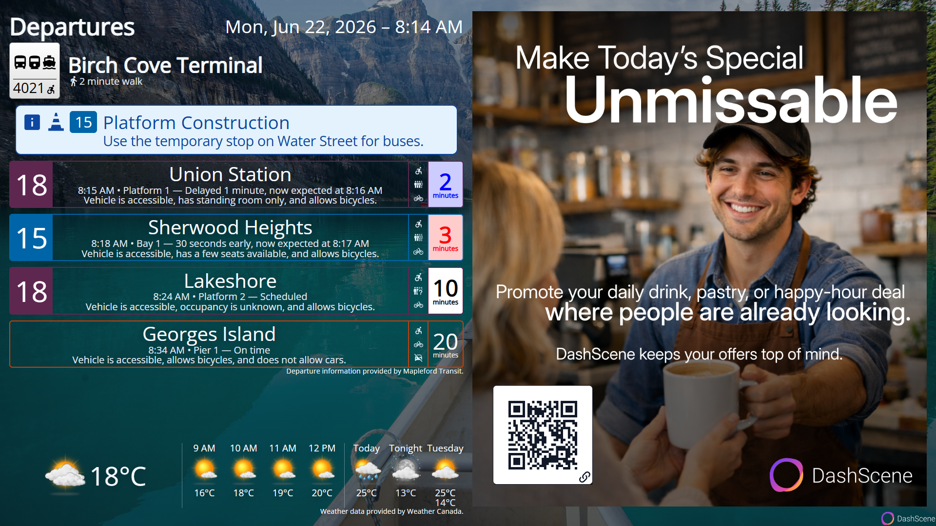 Screenshot of a DashScene display with transit departure cards on the left, weather information along the bottom, and a large caf&eacute; advertisement with a QR code on the right.