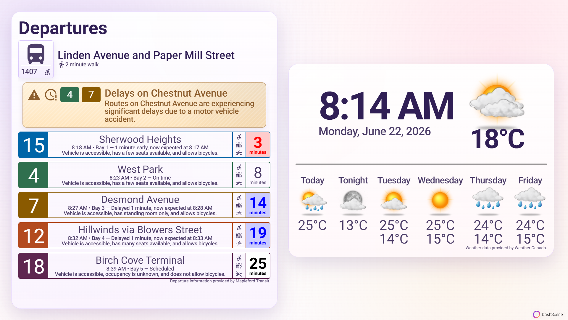 Screenshot of a light-themed DashScene display layout with transit departure information shown in a left panel and time, current weather, and forecast information shown in a separate right panel.