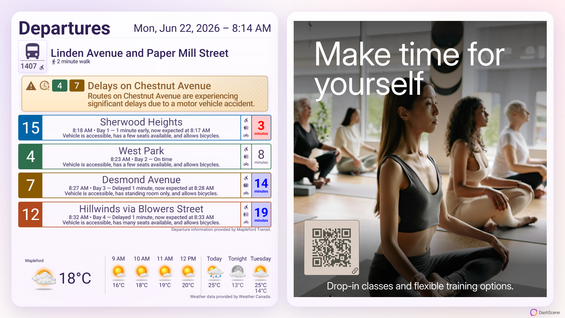 Screenshot of a DashScene display with transit departure cards on the left, weather information along the bottom, and a large wellness advertisement with a QR code on the right.