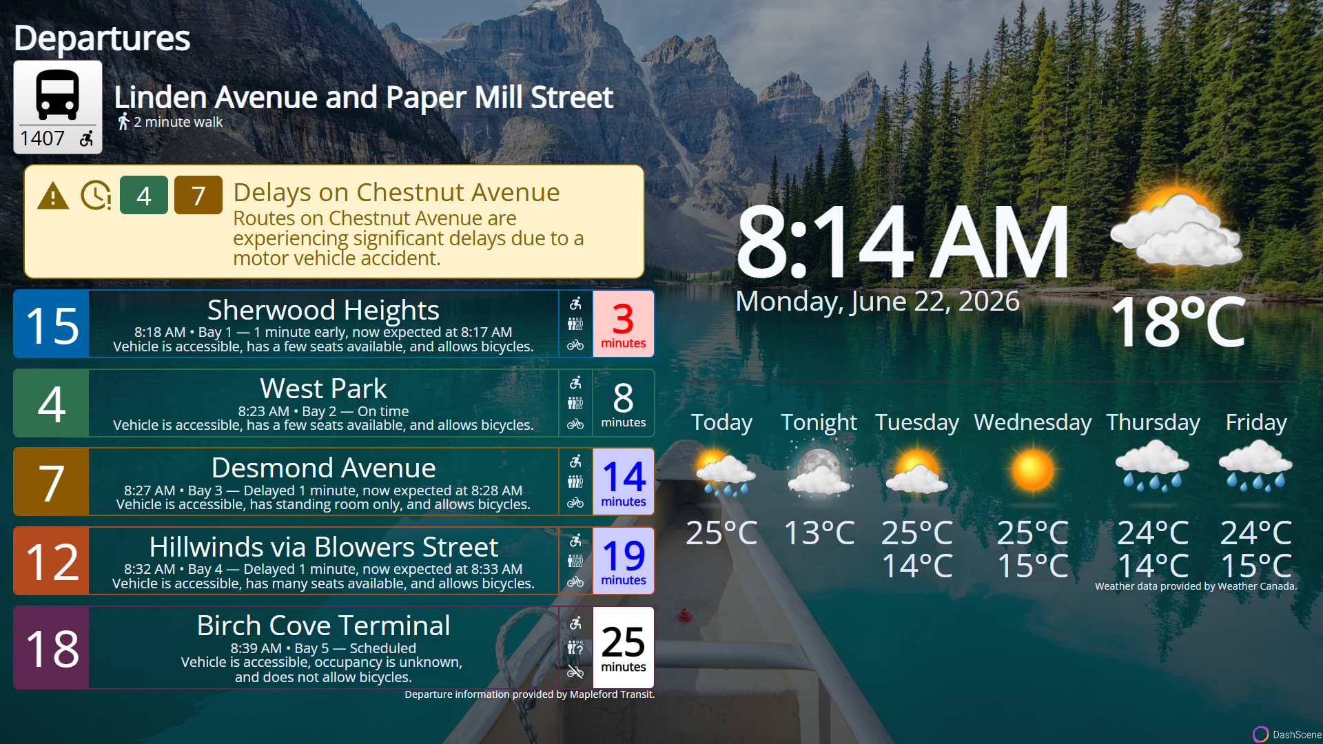 Screenshot of a DashScene display showing a customized transit departure board over a scenic mountain lake background, with route cards on the left and time, weather, and forecast information on the right.
