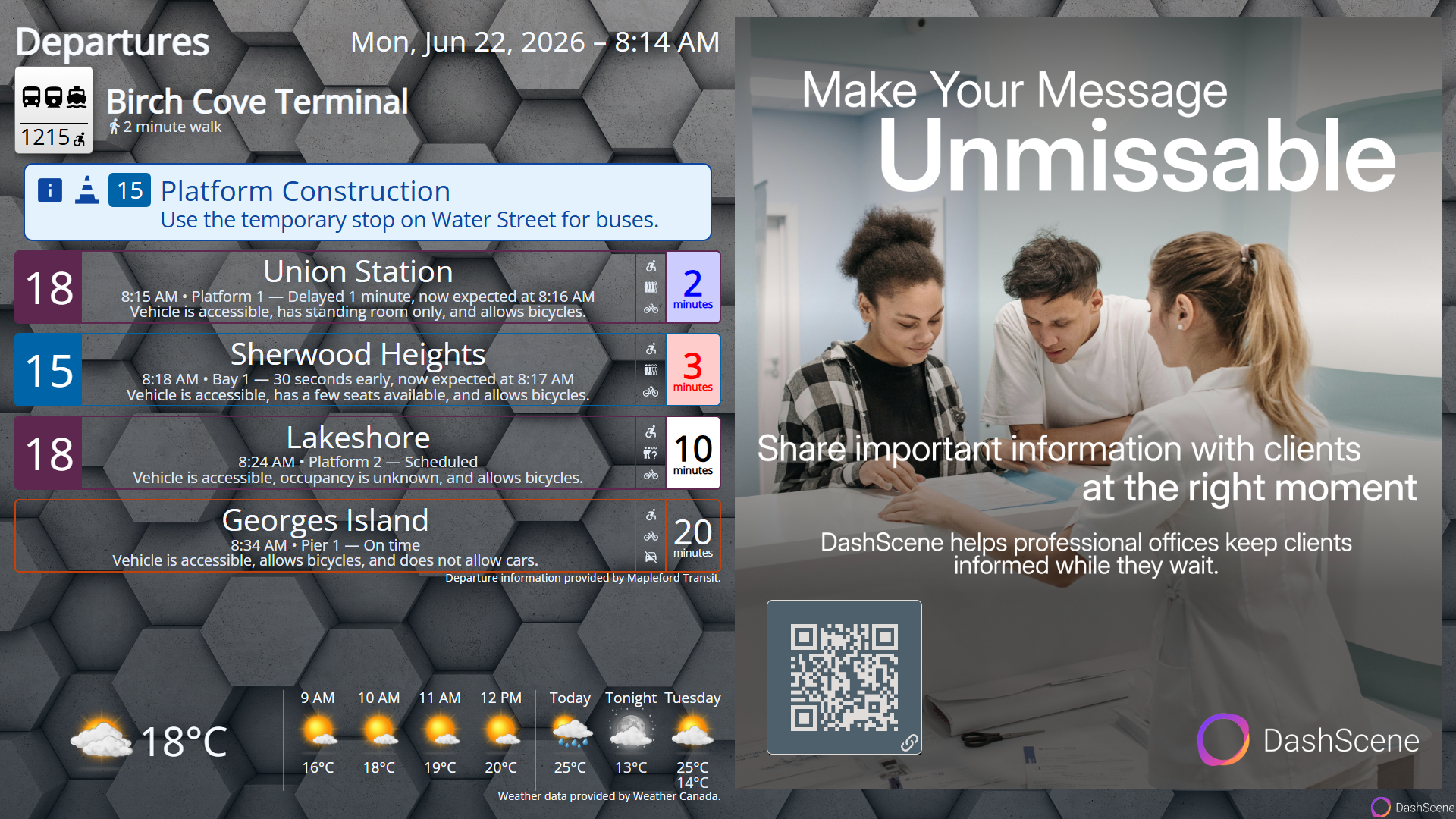 Screenshot of a DashScene display with transit departure cards on the left, weather information along the bottom, and a large professional office advertisement with a QR code on the right.