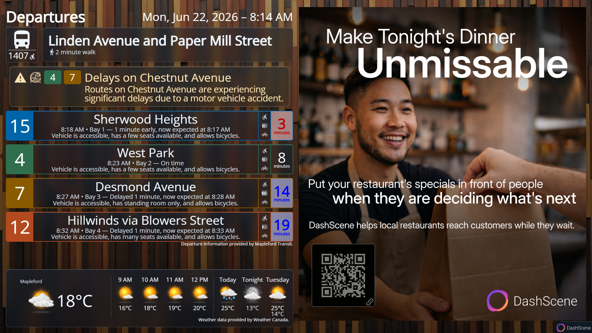 Screenshot of a DashScene display with transit departure cards on the left, weather information along the bottom, and a large restaurant advertisement with a QR code on the right.