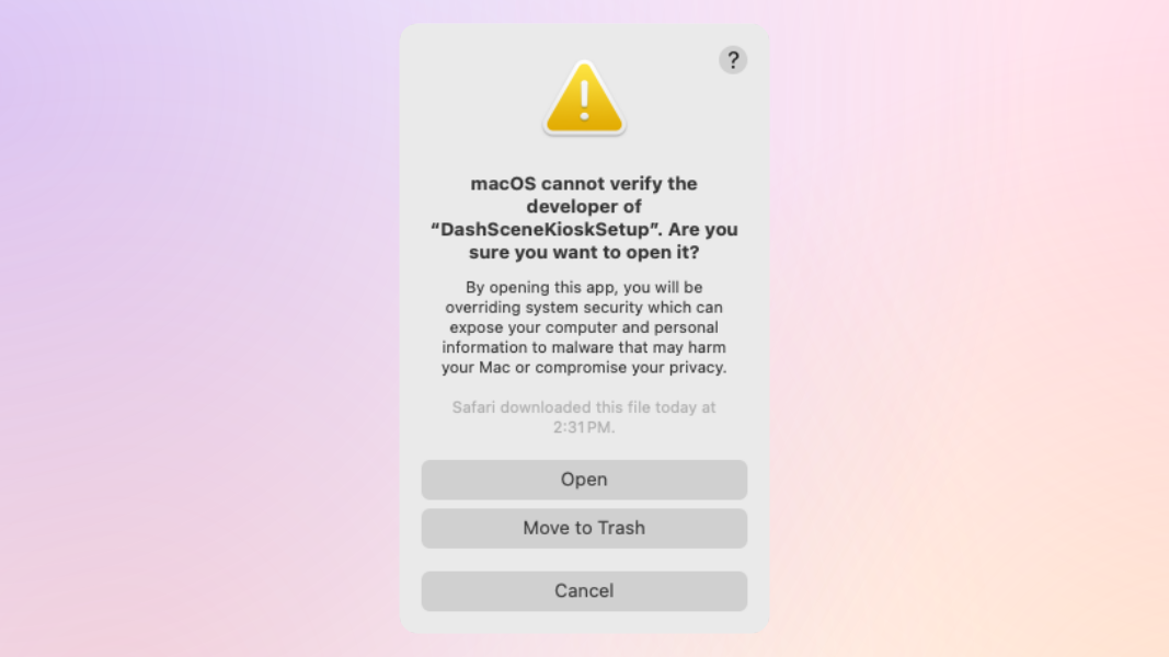 A macOS dialog box indicating the developer of an application can not be verified asking if the user is sure they want to open it.