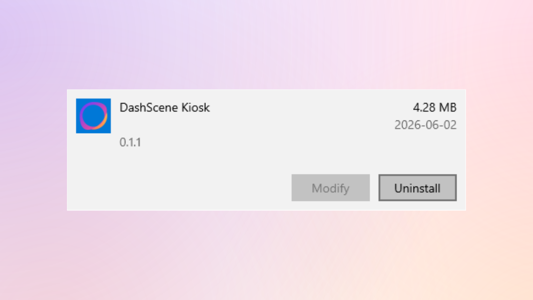 The DashScene Kiosk item in the Windows 10 list of applications with the Uninstall button visible.