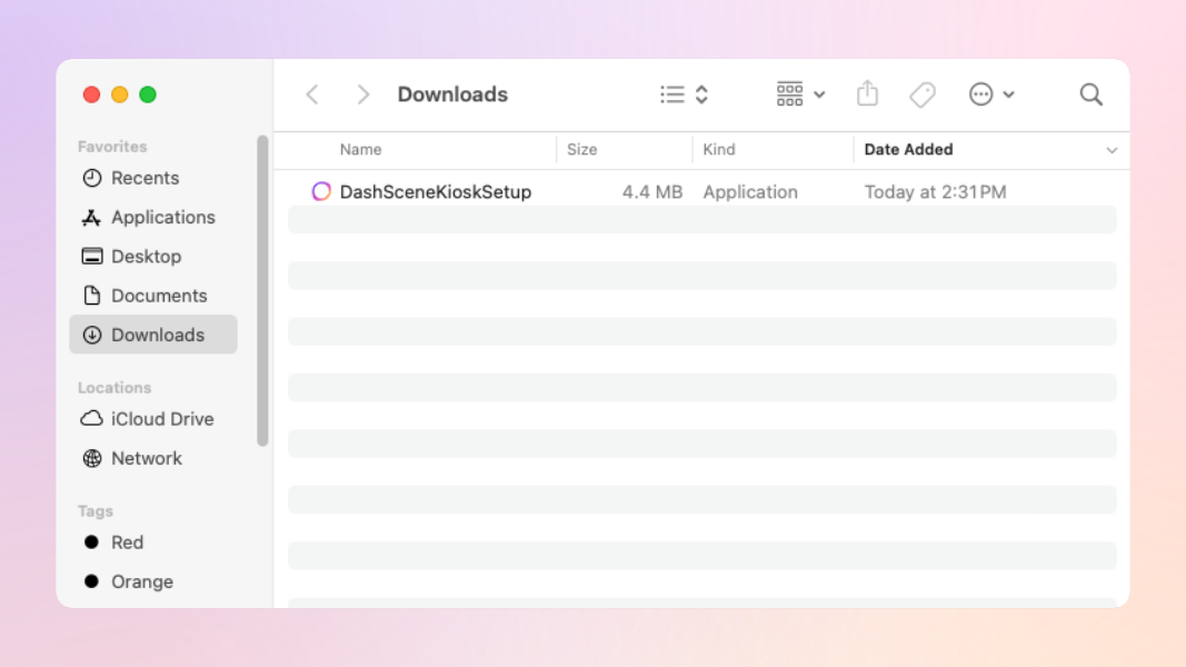 The macOS Downloads folder open in a Finder window, showing the DashSceneKioskSetup application icon.