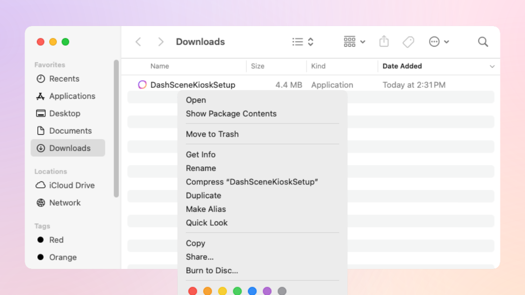 A macOS context menu for the DashSceneKioskSetup application.