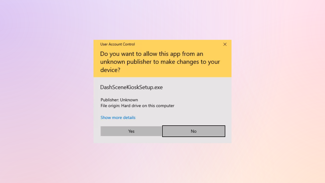 A Windows 10 User Account Control dialogue asking if an app is allowed to make changes to the device.