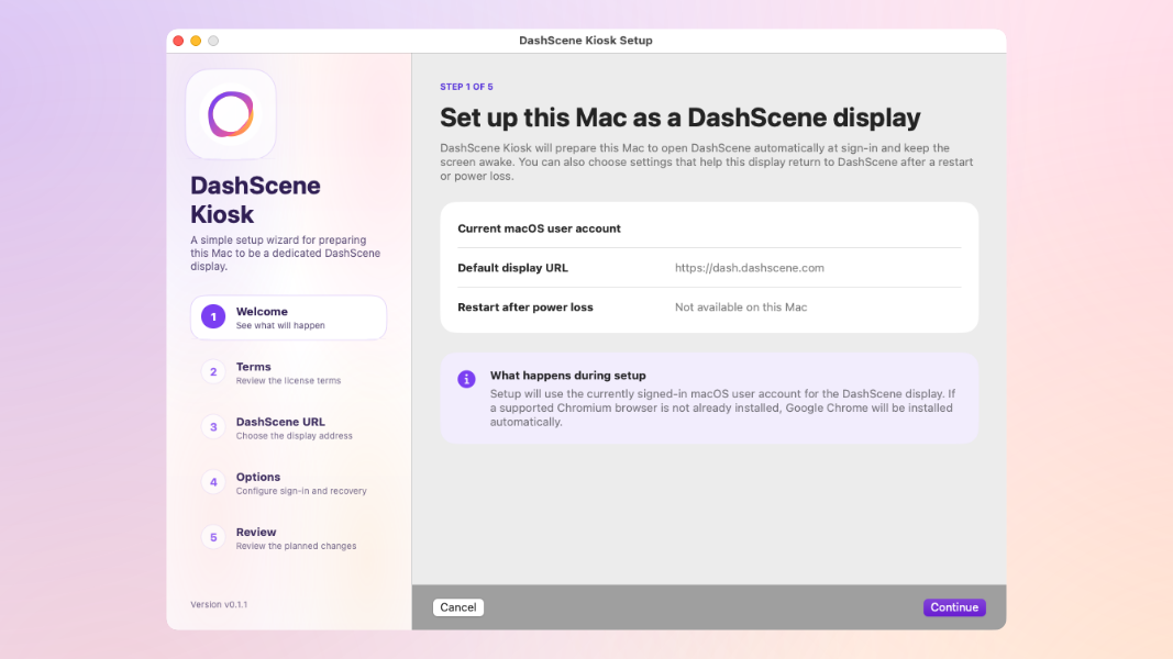 The first step of the DashScene Kiosk installer on macOS.