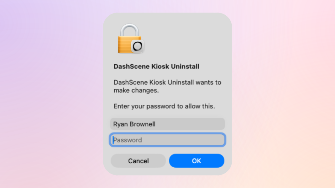 A macOS dialog box asking for permission to allow DashScene Kiosk Uninstall to make changes.