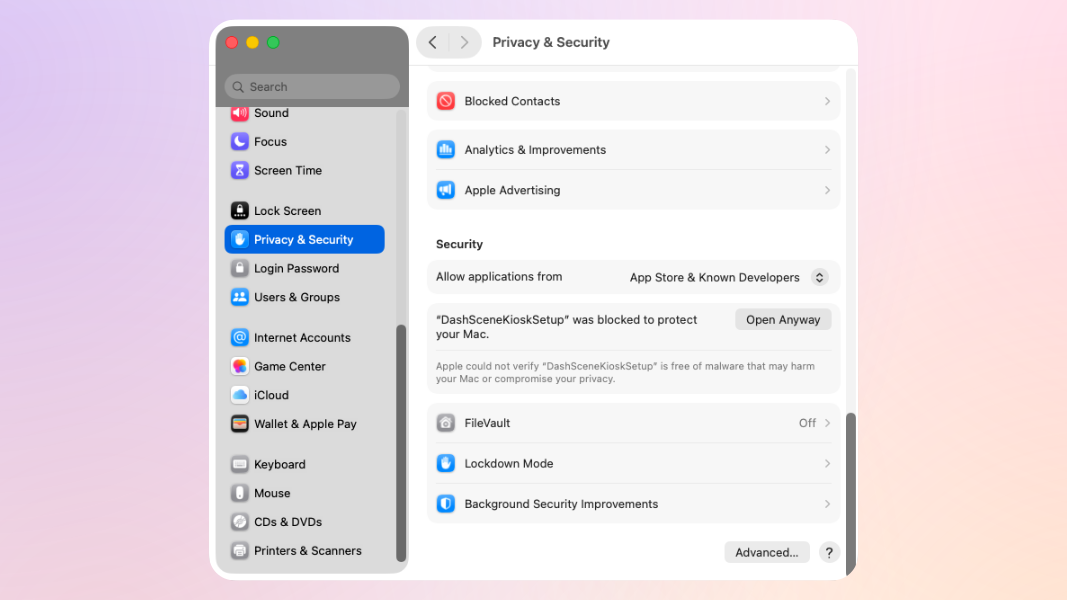 The macOS System Settings application showing the Privacy & Security section scrolled to the blocked application list.