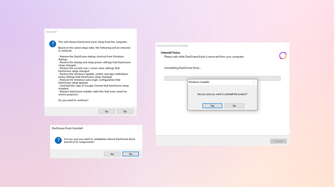 A series of confirmation dialogue boxes. One explaining what will be done as part of uninstalling DashScene Kiosk, another asking for confirmation of the uninstallation, and another asking for confirmation of uninstallation of software bundled with DashScene Kiosk.