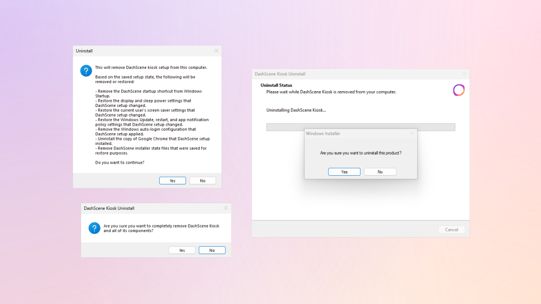 A series of confirmation dialogue boxes. One explaining what will be done as part of uninstalling DashScene Kiosk, another asking for confirmation of the uninstallation, and another asking for confirmation of uninstallation of software bundled with DashScene Kiosk.