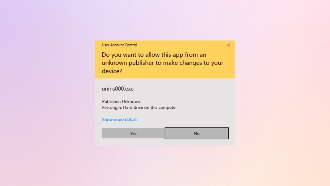 A Windows 10 User Account Control dialogue asking if an app is allowed to make changes to the device.