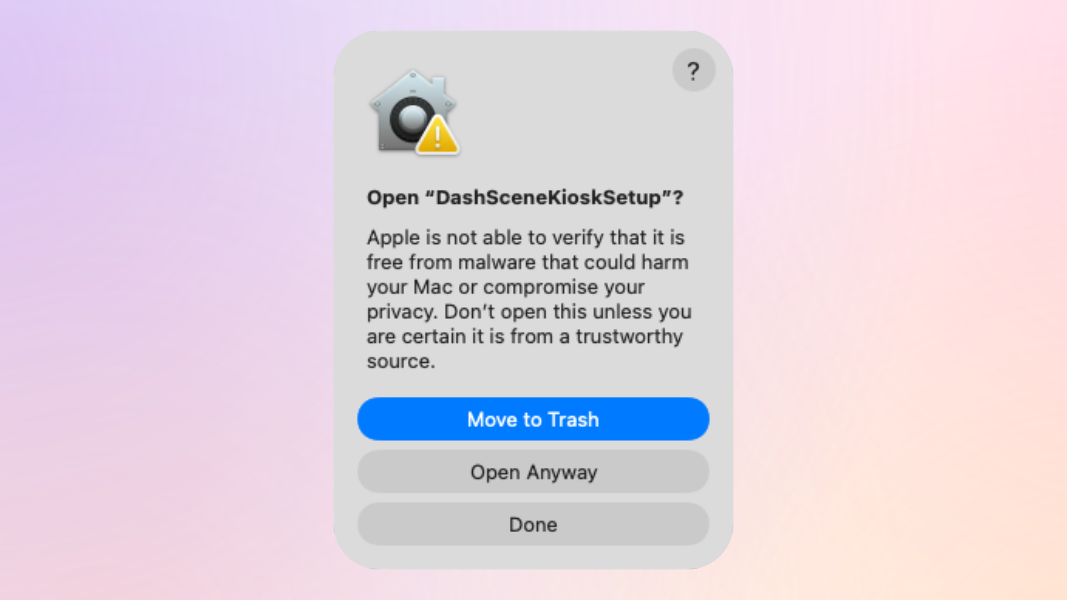 A macOS dialog box indicating an application can not be verified free of malware asking if the user is sure they want to open it.