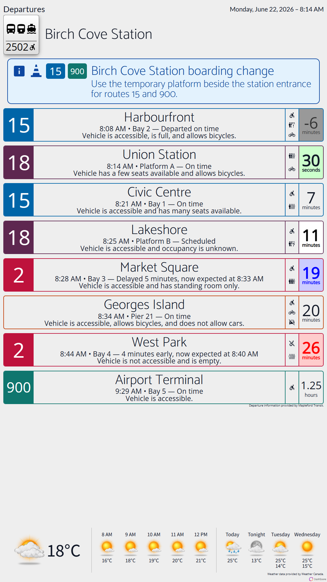 Screenshot of a portrait-oriented DashScene transit display showing a full list of departure cards with weather information along the bottom.