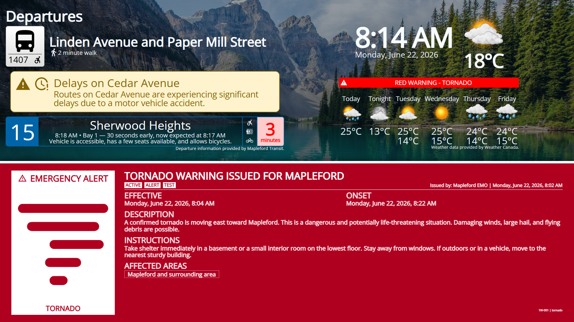 DashScene display showing transit departures, a service delay alert, a red tornado warning, and a prominent emergency alert from Mapleford EMO instructing viewers to take shelter immediately.
